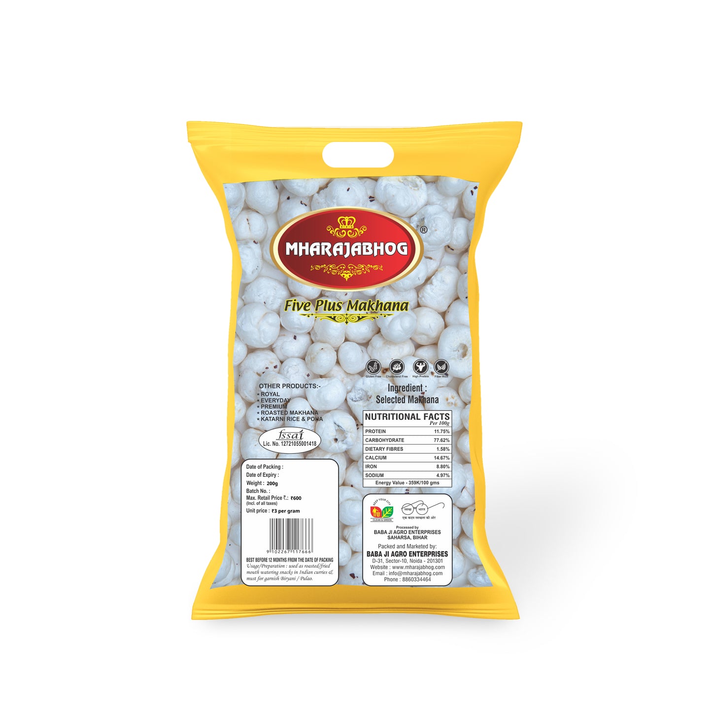 Mharajabhog Five Plus Makhana β Pack of 4 (800g) | Premium 5 Suta+ White Lotus Seeds