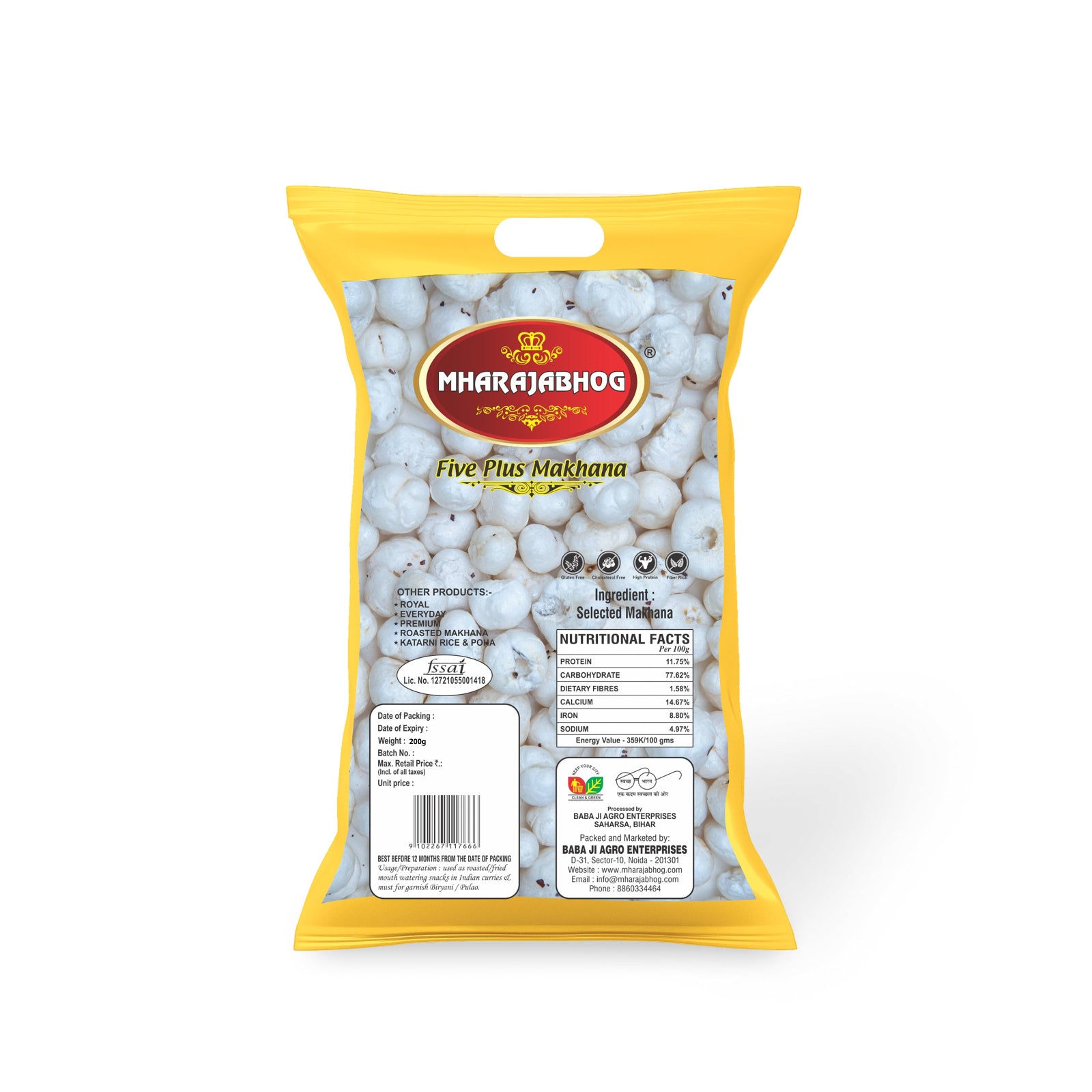 Mharajabhog Five Plus Makhana – Pack of 4 (800g) | Premium 5 Suta+ White Lotus Seeds