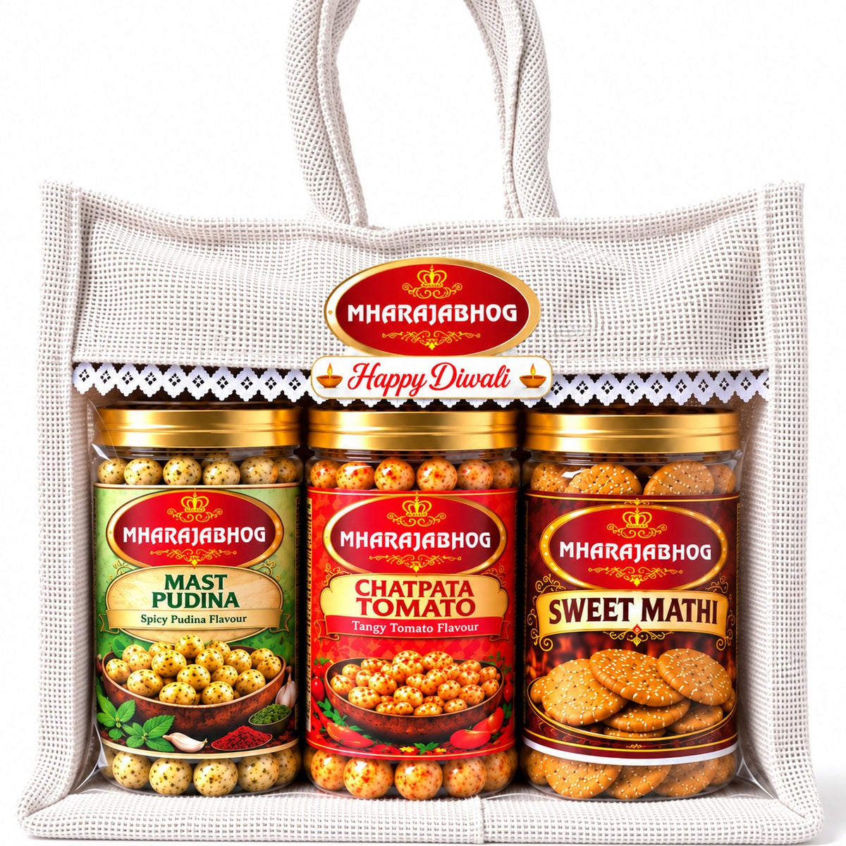 Mharajabhog Diwali Gift Hamper | Mast Pudina & Chatpata Tomato Makhana, Sweet Matthi + Makhana Pouch