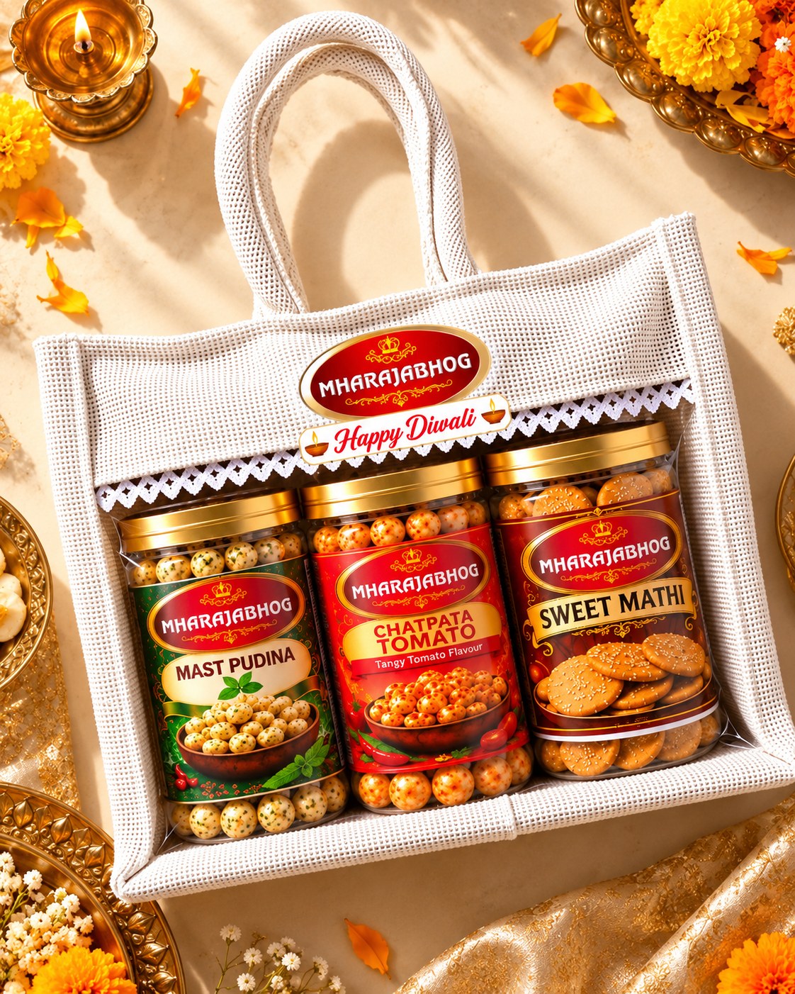 Mharajabhog Diwali Gift Hamper | Mast Pudina & Chatpata Tomato Makhana, Sweet Matthi + Makhana Pouch