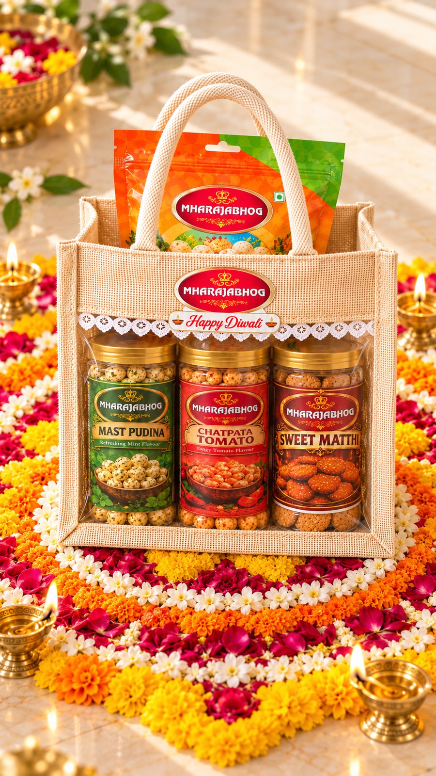 Mharajabhog Diwali Gift Hamper | Mast Pudina & Chatpata Tomato Makhana, Sweet Matthi + Makhana Pouch