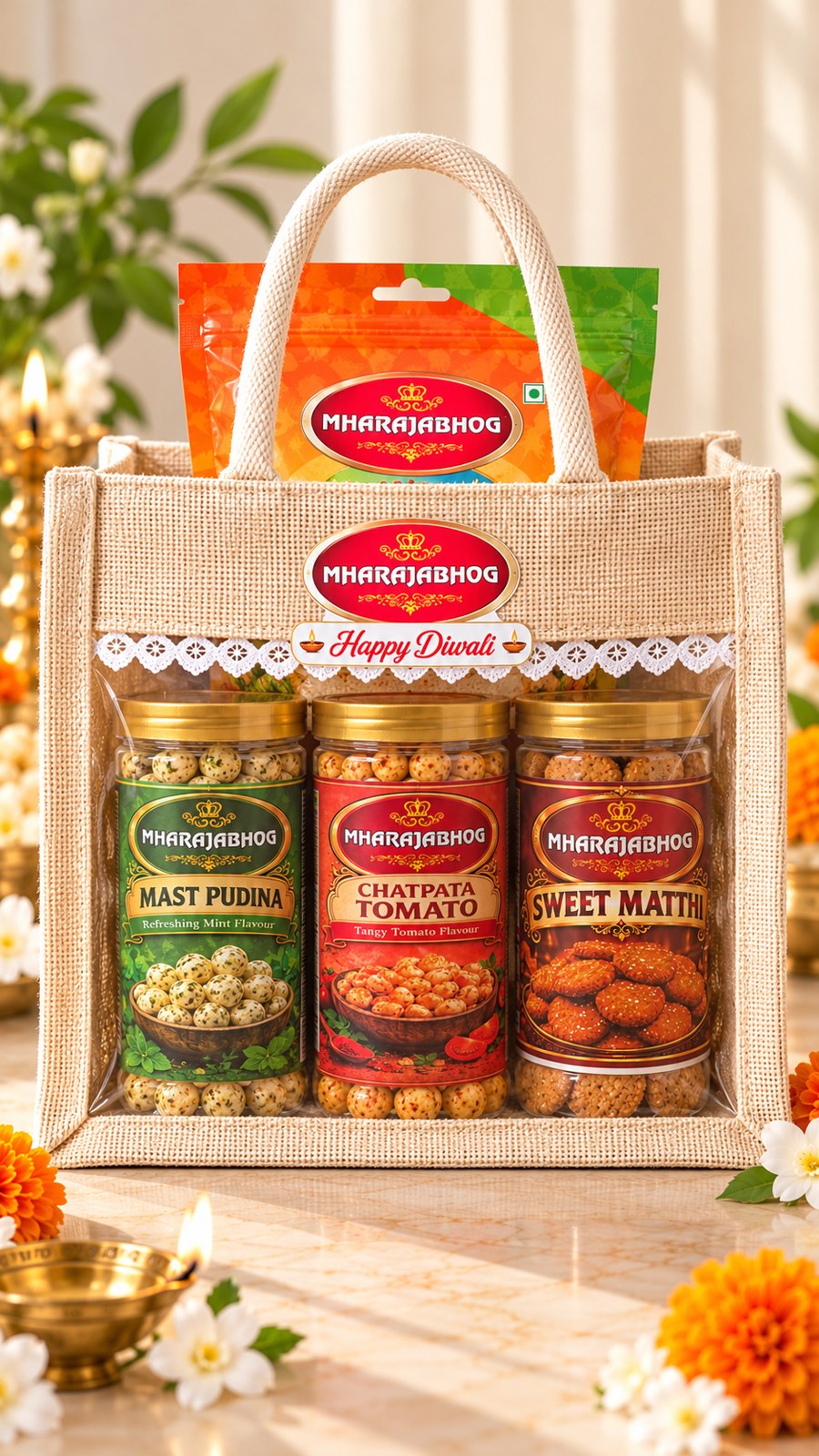 Mharajabhog Diwali Gift Hamper | Mast Pudina & Chatpata Tomato Makhana, Sweet Matthi + Makhana Pouch