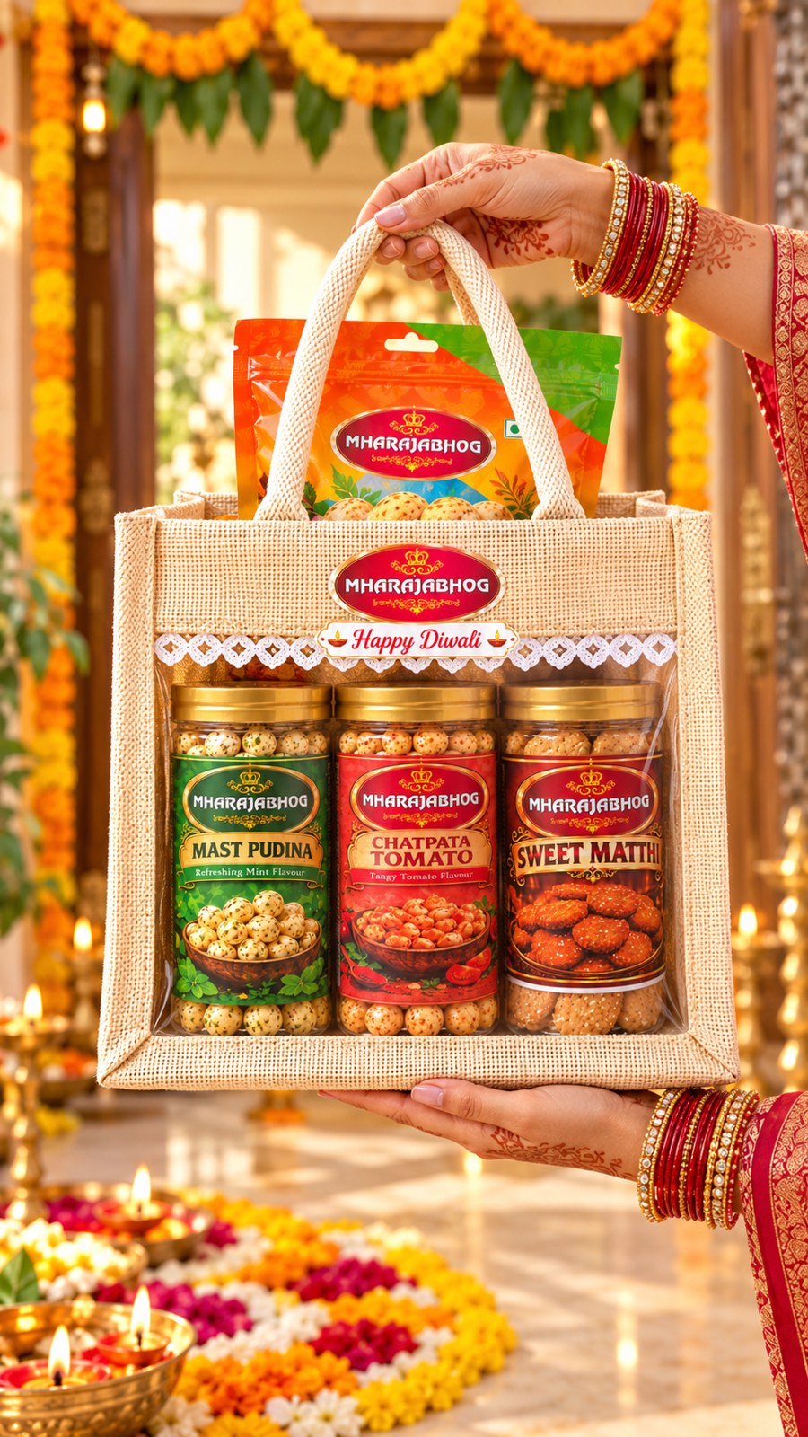 Mharajabhog Diwali Gift Hamper | Mast Pudina & Chatpata Tomato Makhana, Sweet Matthi + Makhana Pouch